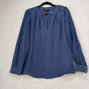 White House Black Market Shirt Womens 2 Blue Silk Long Sleeve Blouse Dressy Top